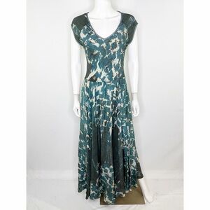 Biya Johnny Was Green Maxi Dress Size S 100% Silk Casual Boho V-Neck Cap Sleeve